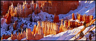 Hoodoos and snowy slopes, early morning. Bryce Canyon National Park, Utah, USA.