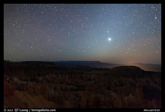 Bryce Amphitheater under starry sky at night. Bryce Canyon National Park, Utah, USA.