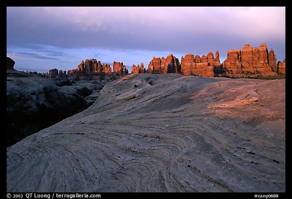 Sandstone swirls and Needles near Elephant Hill, sunset. Canyonlands National Park, Utah, USA.