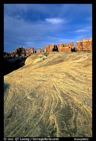 Sandstone striations and Needles near Elephant Hill, sunrise. Canyonlands National Park, Utah, USA.