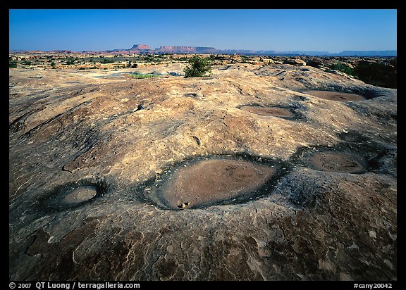 Empty pot holes on sandstone, Needles District. Canyonlands National Park, Utah, USA.