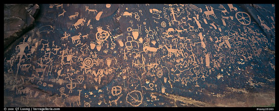 Petroglyphs on rock slab, Newspaper Rock. Bears Ears National Monument, Utah, USA (color)