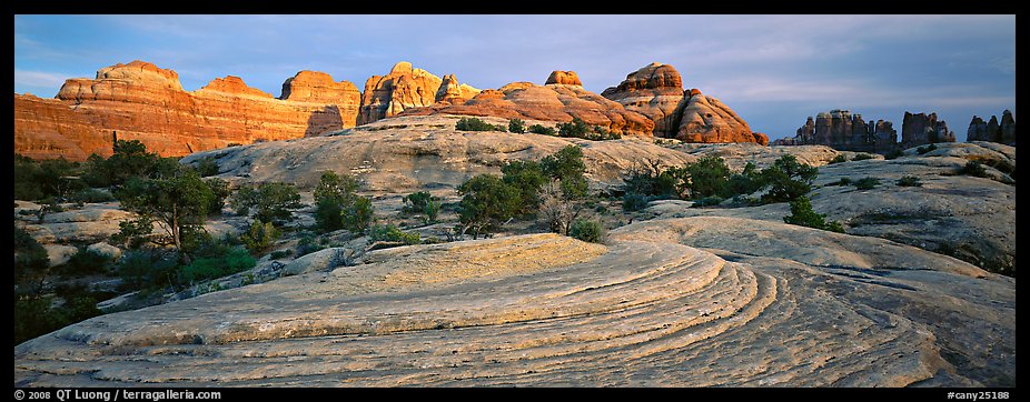 Sandstone Swirls and Rock needles at sunset, Needles District. Canyonlands National Park (color)