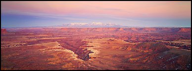 Canyon gorge and mountains in pastel colors, Island in the Sky. Canyonlands National Park, Utah, USA.