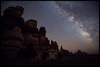 Dollhouse towers and Milky Way, Maze District. Canyonlands National Park, Utah, USA.