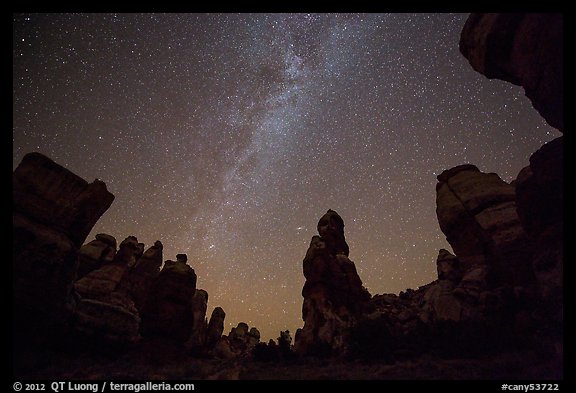 Dollhouse pinnacles and Milky Way, Maze District. Canyonlands National Park, Utah, USA.