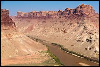 Distant views of rafts floating Colorado River. Canyonlands National Park, Utah, USA.