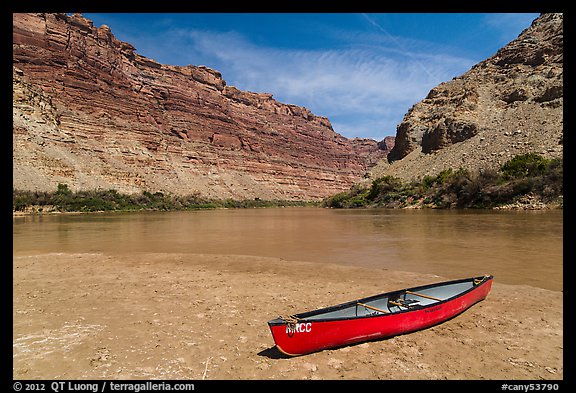 Red Canoe on beach near Confluence. Canyonlands National Park, Utah, USA.