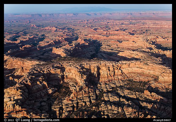 Aerial view of pinnacles and canyons, Needles. Canyonlands National Park, Utah, USA.