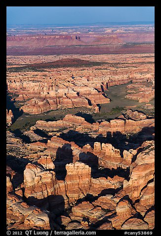 Aerial view of spires and canyons, Needles. Canyonlands National Park, Utah, USA.