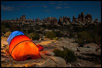 Tents at night in the Dollhouse. Canyonlands National Park, Utah, USA.