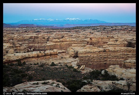 Maze canyons and snowy mountains at dusk. Canyonlands National Park, Utah, USA.