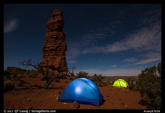 Tents at night below Standing Rock. Canyonlands National Park (color)