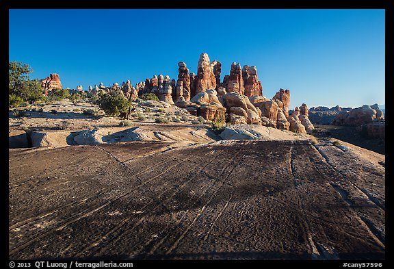 Rock slab and Dollhouse spires. Canyonlands National Park, Utah, USA.