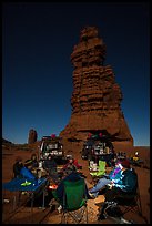 Car-camping at the base of Standing Rock at night. Canyonlands National Park, Utah, USA.