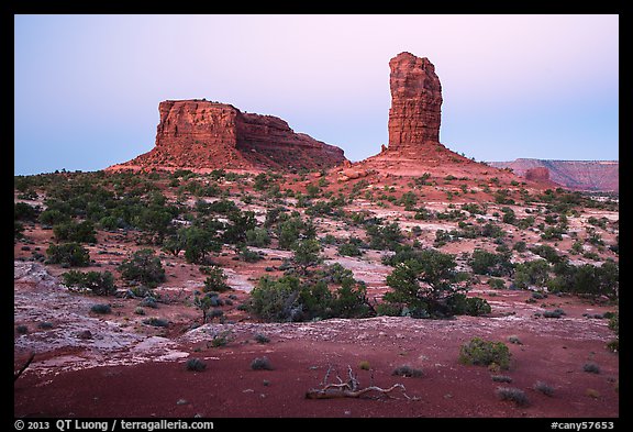 Lizard and Plug rock formations at dawn. Canyonlands National Park, Utah, USA.