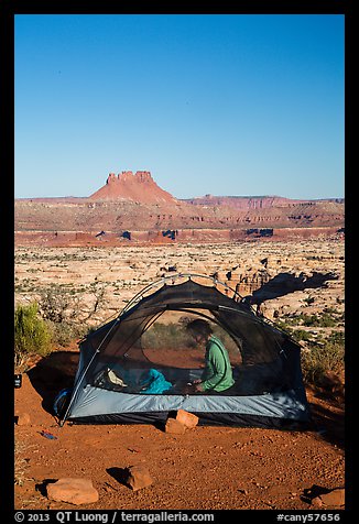 Camp overlooking the Maze. Canyonlands National Park, Utah, USA.