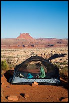 Camp overlooking the Maze. Canyonlands National Park, Utah, USA.