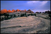 Sandstone swirls and Needles with last light, the Needles. Canyonlands National Park, Utah, USA.