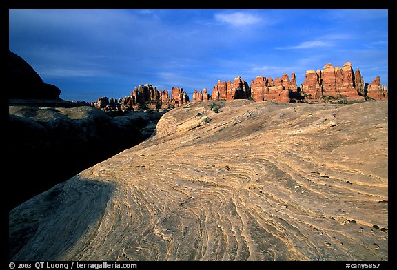 Sandstone swirls and Needles near Elephant Hill at sunrise, the Needles. Canyonlands National Park