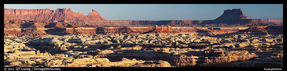 Maze canyons and Chocolate Drops from Standing Rock, early morning. Canyonlands National Park, Utah, USA.