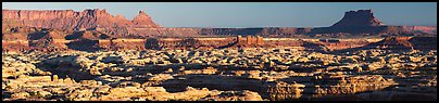 Maze canyons and Chocolate Drops from Standing Rock, early morning. Canyonlands National Park, Utah, USA.