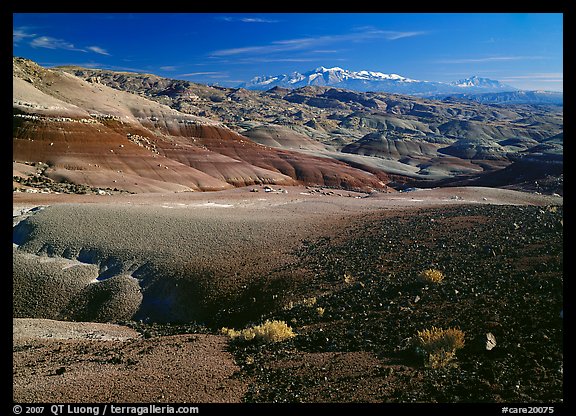 Bentonite hills and Henry Mountains. Capitol Reef National Park, Utah, USA.