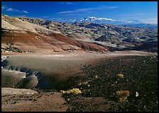 Bentonite hills and Henry Mountains. Capitol Reef National Park, Utah, USA.