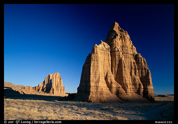 Temple of the Moon in the foreground, temple of the Sun in the background, sunrise, Cathedral Valley. Capitol Reef National Park (color)
