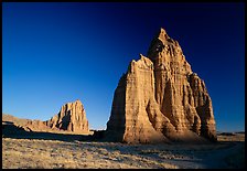 Temple of the Moon in the foreground and temple of the Sun, sunrise, Cathedral Valley. Capitol Reef National Park ( color)