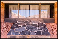 The Castle, Visitor Center window reflexion. Capitol Reef National Park, Utah, USA. (color)