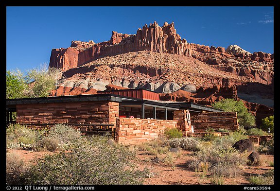 Visitor Center and Castle rock formation. Capitol Reef National Park (color)