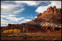 Late afternoon light on Castle and cottowoods in autumn. Capitol Reef National Park, Utah, USA.