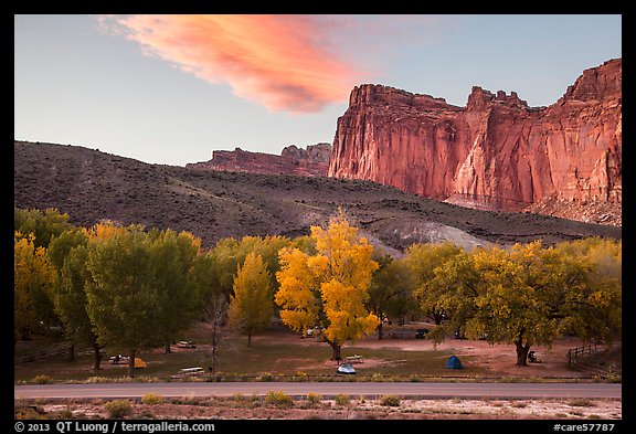 Fruita Campground and cliffs at sunset. Capitol Reef National Park, Utah, USA.