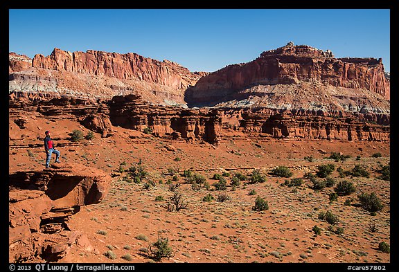 Park visitor looking, Sunset Point. Capitol Reef National Park, Utah, USA.