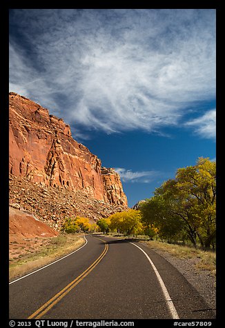 Road, Fruita Orchard in the fall. Capitol Reef National Park, Utah, USA.