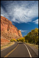 Road, Fruita Orchard in the fall. Capitol Reef National Park, Utah, USA.