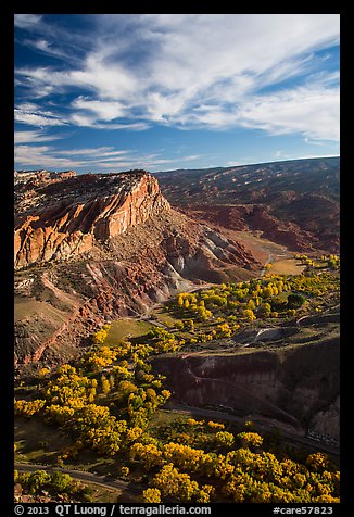 Waterpocket Fold  and orchards in the fall from Rim Overlook. Capitol Reef National Park, Utah, USA.