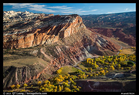 Waterpocket Fold cliffs and orchards from Rim Overlook in the fall. Capitol Reef National Park (color)