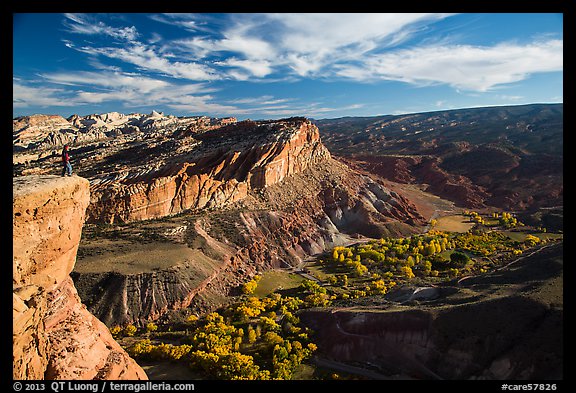 Park visitor looking, Rim Overlook over Fruita. Capitol Reef National Park, Utah, USA.