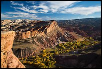 Park visitor looking, Rim Overlook over Fruita. Capitol Reef National Park, Utah, USA. (color)