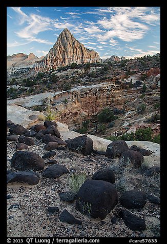 Balsalt boulders and Pectol Pyramid. Capitol Reef National Park (color)