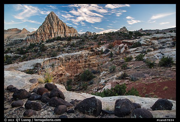 Black volcanic boulders and Pectol Pyramid. Capitol Reef National Park (color)