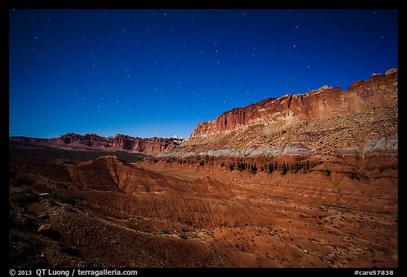 Fluted cliffs of Waterpocket Fold at night. Capitol Reef National Park, Utah, USA.