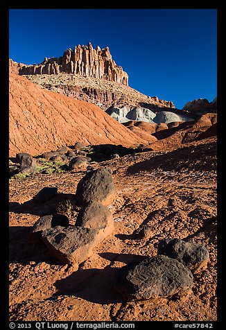 Balsalt Boulders and Wingate Sandstone crags of the Castle. Capitol Reef National Park (color)