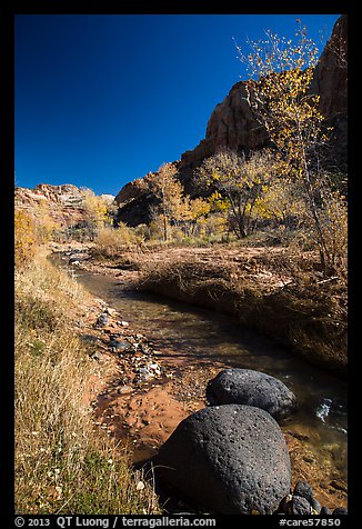 Basalt boulders, Pleasant Creek in the fall. Capitol Reef National Park (color)