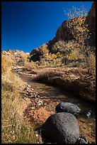 Basalt boulders, Pleasant Creek in the fall. Capitol Reef National Park, Utah, USA.