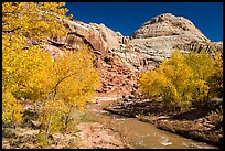 Fremont River and Capitol Dome in autumn. Capitol Reef National Park, Utah, USA.