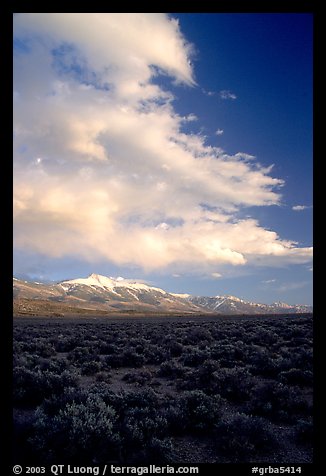 Snake Range and Wheeler Peak raising above Sagebrush, seen from the West, Sunset. Great Basin National Park, Nevada, USA.