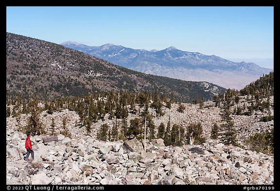 Visitor looking, Wheeler Cirque. Great Basin National Park (color)